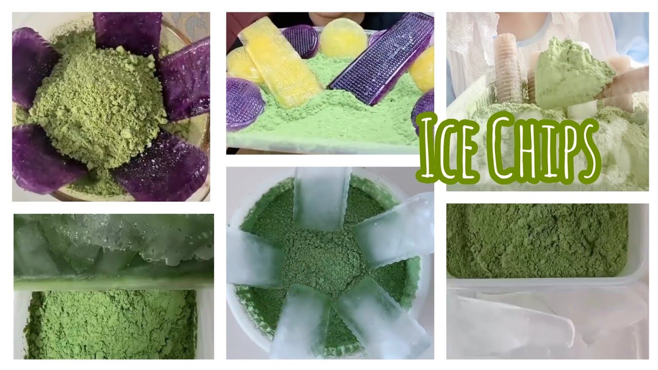 ASMR: Matcha Ice eating| hard ice| Ice chips with matcha dipped| White ice | V-Good Crunchy