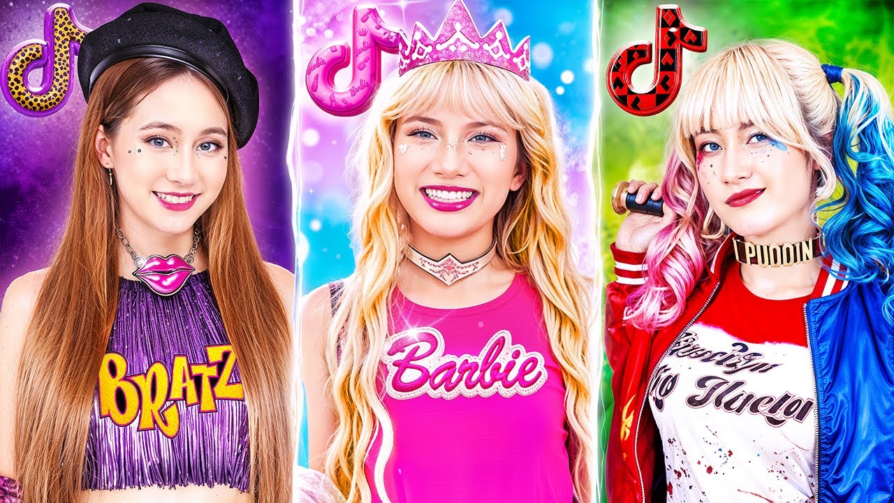 Barbie فقيرة مقابل Bratz غنية مقابل Harley Quinn فاحشة الثراء في تحدي TikTok! من الأفضل؟