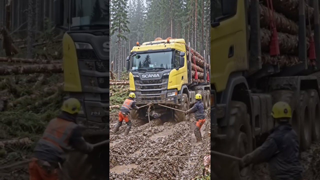 Heavy Logging Truck Struggling Through Deep Mud in Forest #truck #shorts #viral