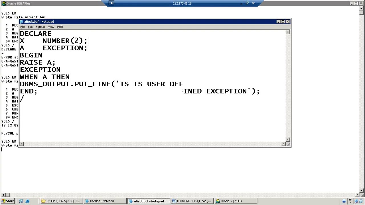 PLSQL Class   12  USER DEFINED EXCEPTIONS in ORACLE 11g