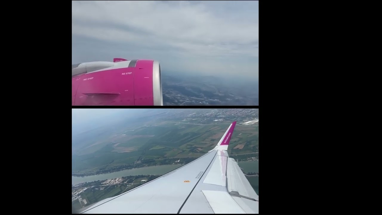 Takeoff Belgrade dual view: Seat A13 and F21. Wizz Air A320neo July 2023 to Dortmund