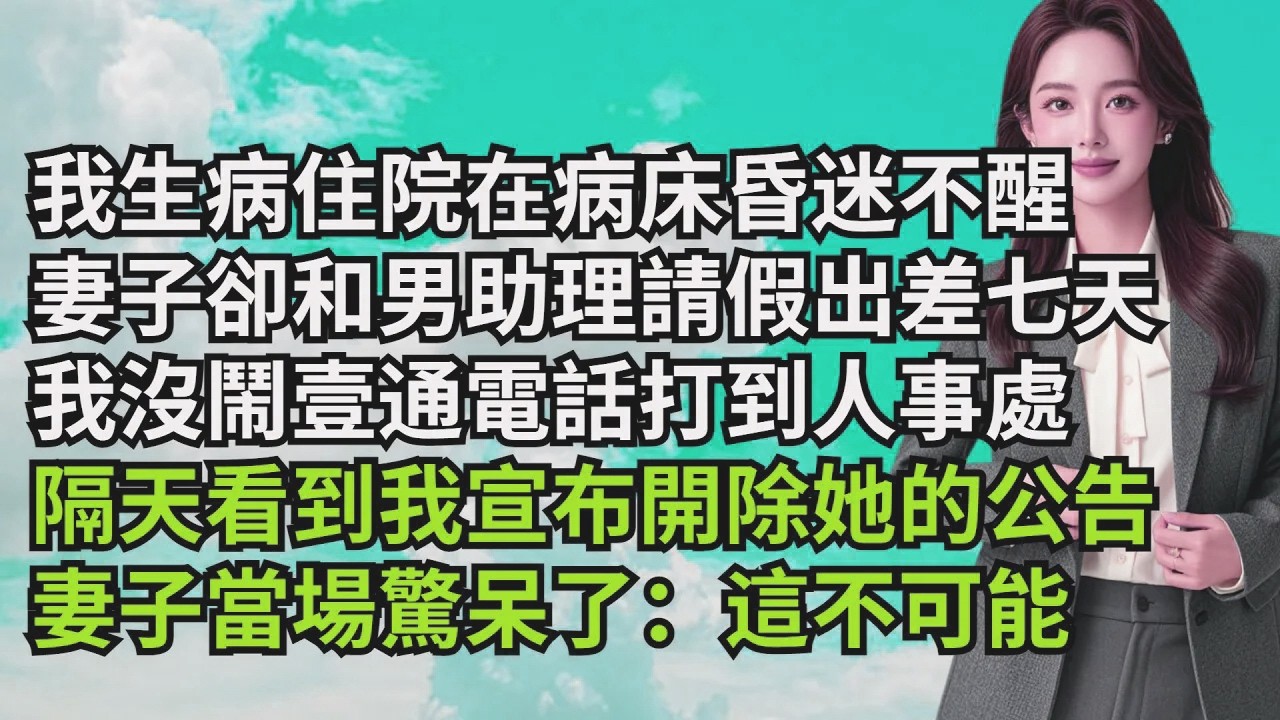 我生病住院在病床昏迷不醒，妻子卻和男助理請假出差七天，我沒鬧壹通電話打到人事處，隔天看到我宣佈開除她的公告，妻子當場驚呆了：這不可能【三味時光】#激情故事#大彬情感#夢雅故事#小說#爽文