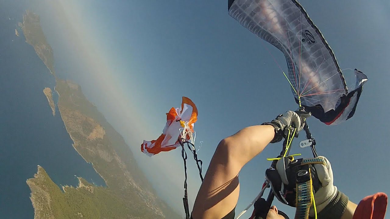Paragliding reserve, bad SAT entry, spin, unsymmetrical stall and reserve toss. Oludeniz, Babadag