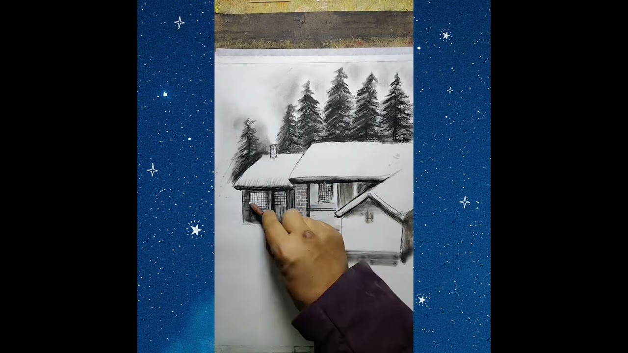 彩鉛畫      鬆雪繞檐，柴扉半掩，稚子堆雪，老妇歸門         山里人