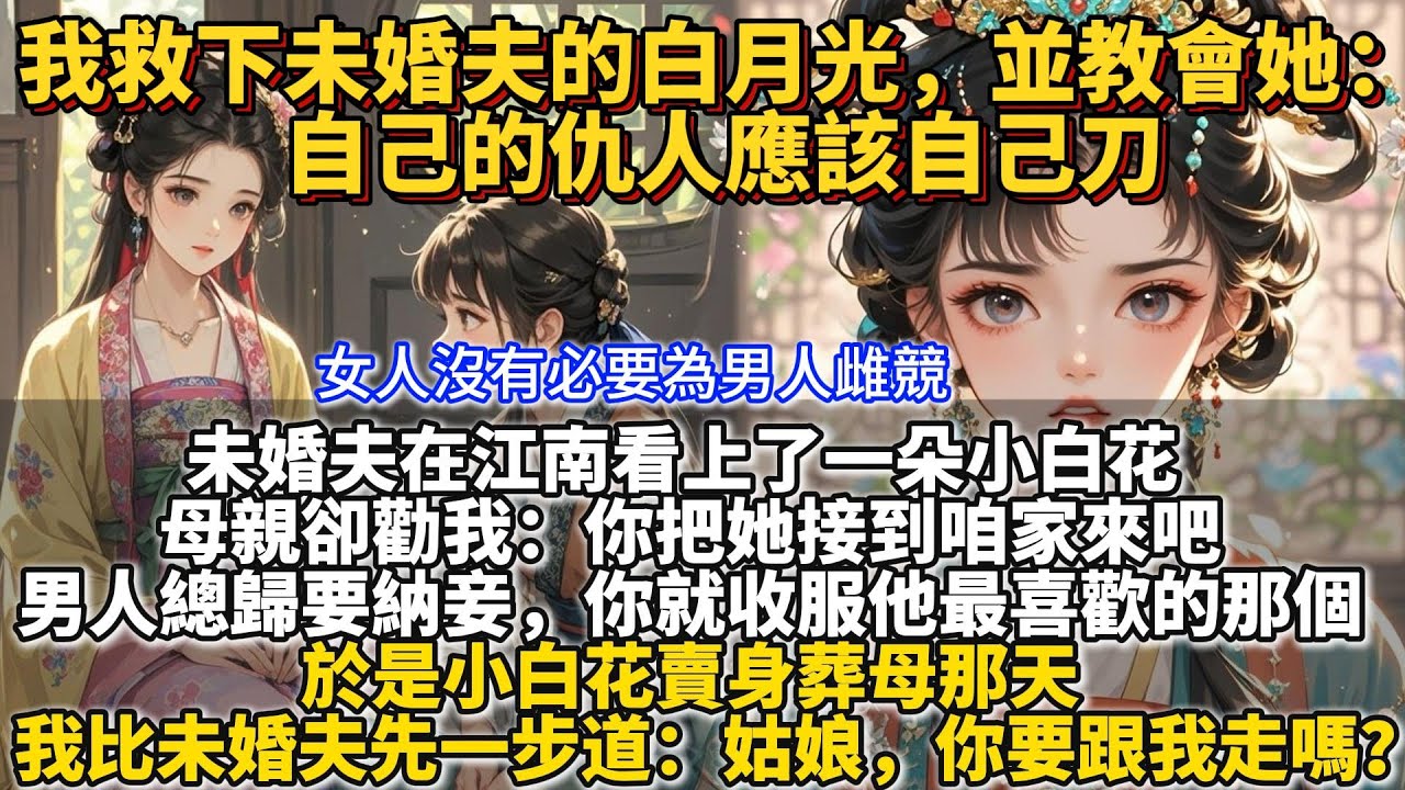 完結女性互助爽文：我救下未婚夫的白月光，並教會她：自己的仇人應該自己刀。未婚夫在江南看上了一朵小白花。母親卻勸我：你把她接到咱家來吧。於是小白花賣身葬母那天。我比未婚夫先一步道： 姑娘，你要跟我走嗎？