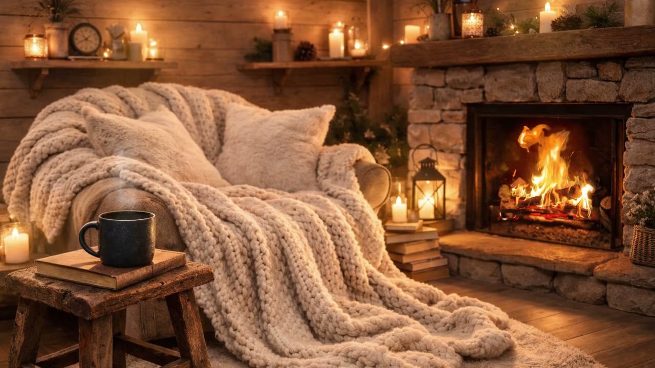Warm Fireplace & Candlelight ☕ Cozy Cabin Reading Nook Ambience