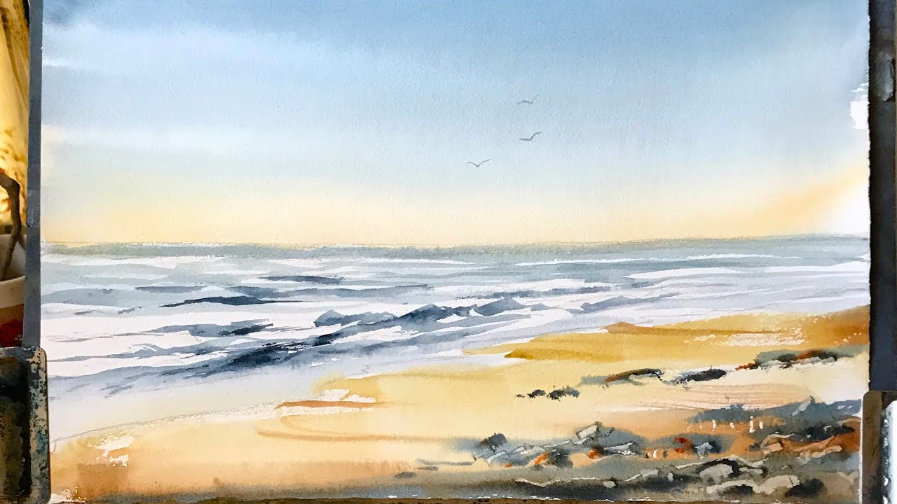 Lois' Watercolour for beginners, a simple hake & flat brush seascape, beach landscape watercolor