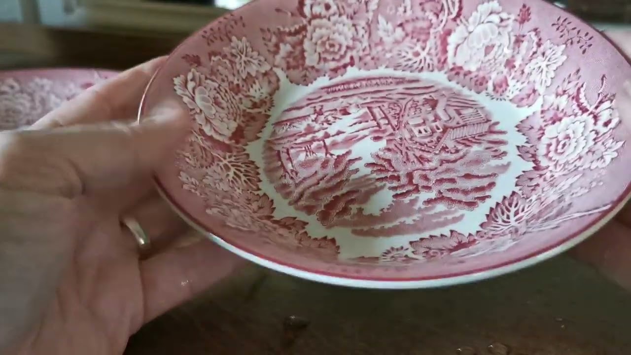 Ironstone china soup bowls with over glazed stains