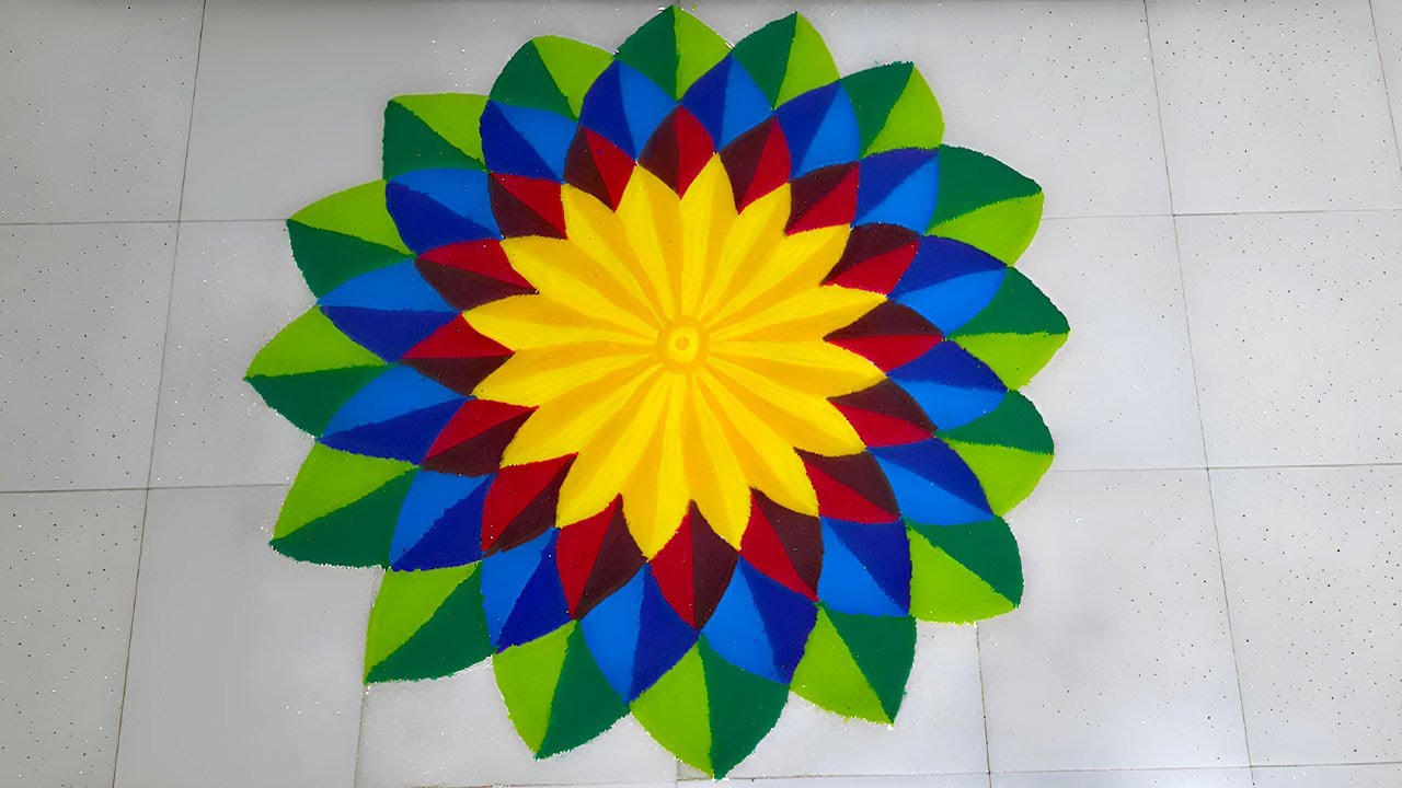 Full Video Link Simple 3D Rangoli Design | 3d Kolam | 3d Flower Design | Color Kolam.