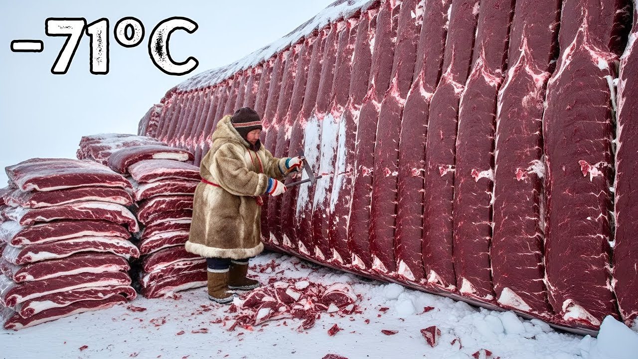 90-Year-Old Woman Carves 2000kg Frozen Mammoth Meat Found at -96°F | -71°C in Yakutia Siberia