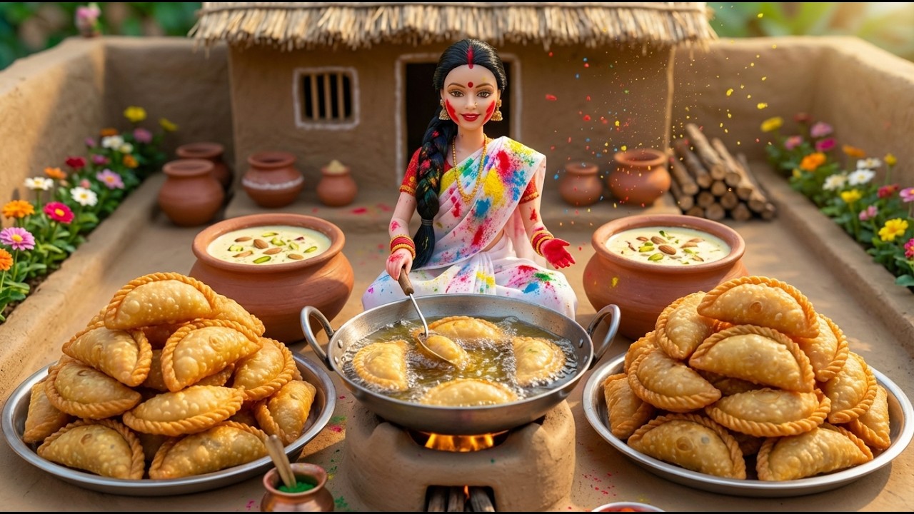 Miniature Doll Gujiya & Thandai Cooking ASMR | Holi Special Village Style Mini Kitchen