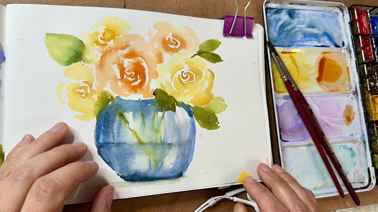 Watercolor Journal Day 72 (Orange roses in a blue vase)
