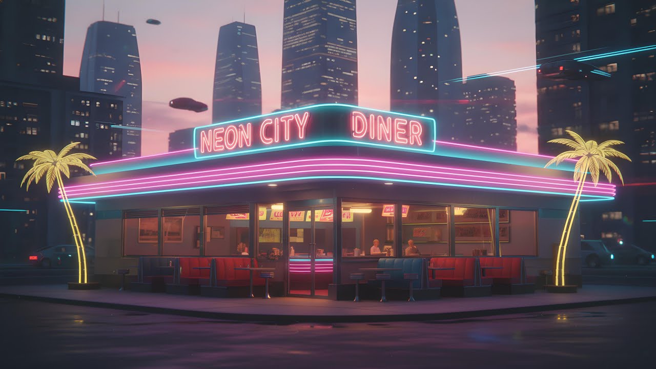 Chillwave Dreamscape | Neon Diner Vibes at Dusk 80s