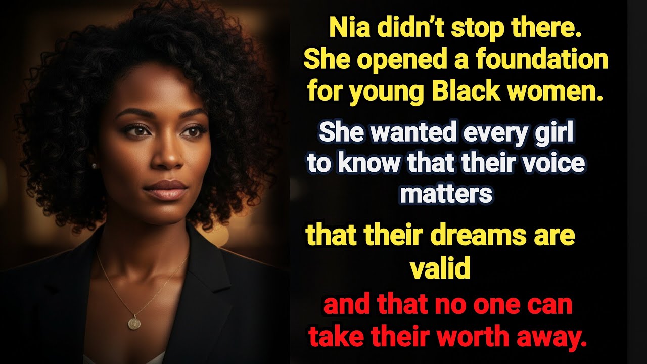 A powerful Black woman in her early 30s standing confidently at night, with a calm but commanding...