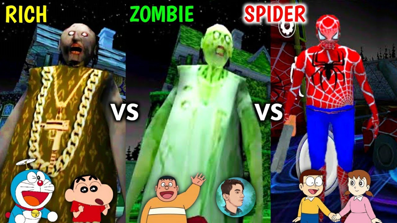 Rich Granny 3 vs Zombie Granny 3 vs Spider Granny 3 With Doraemon & Friends