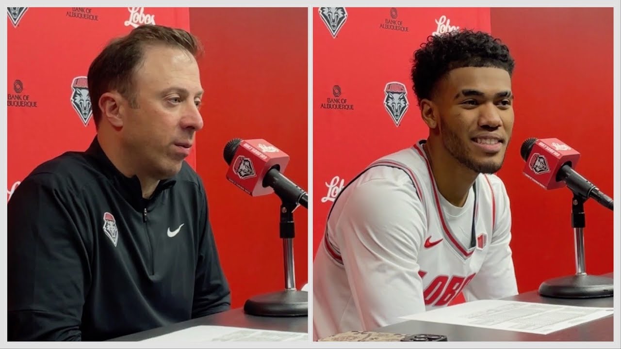 UNM Lobo coach Richard Pitino and Donovan Dent after beating VCU (12/18/24)