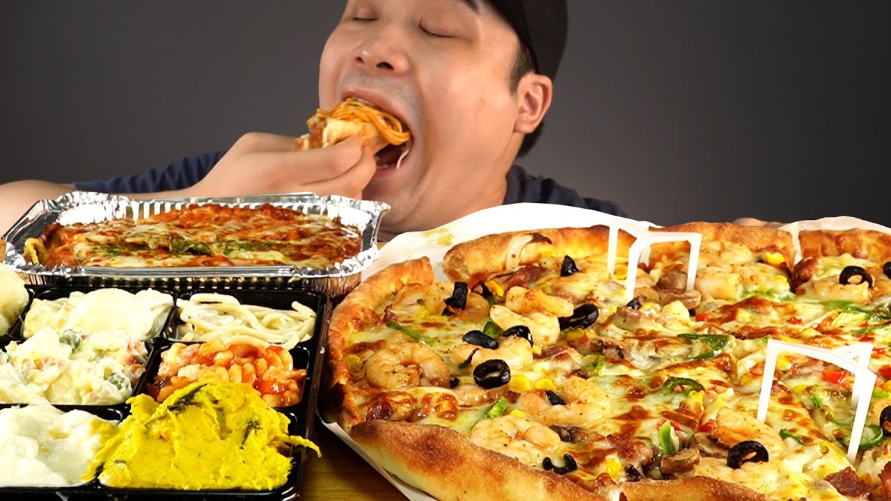 미스터피자 새우군단쉬림프골드, 오븐치즈스파게티, 홈샐러드 먹방~!! ASMR social eating Mukbang(Eating Show)