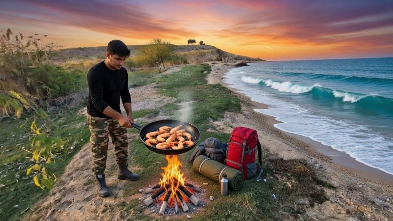 Crispy Prawns Fry at the Lakeside | Solo Camping Cooking 