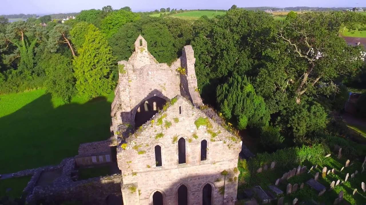 Gothic ruin explored by drone