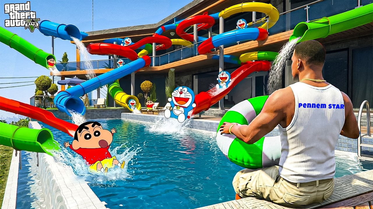 Franklin & Shinchan Sliding On The Newest Waterslides In GTA 5!  | GTA 5 Telugu Gameplay