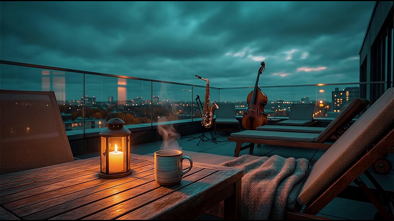 8K Cinematic: Rooftop Jazz Under Cloudy Sky | Ultra Static Ambience ASMR | Late Night Focus