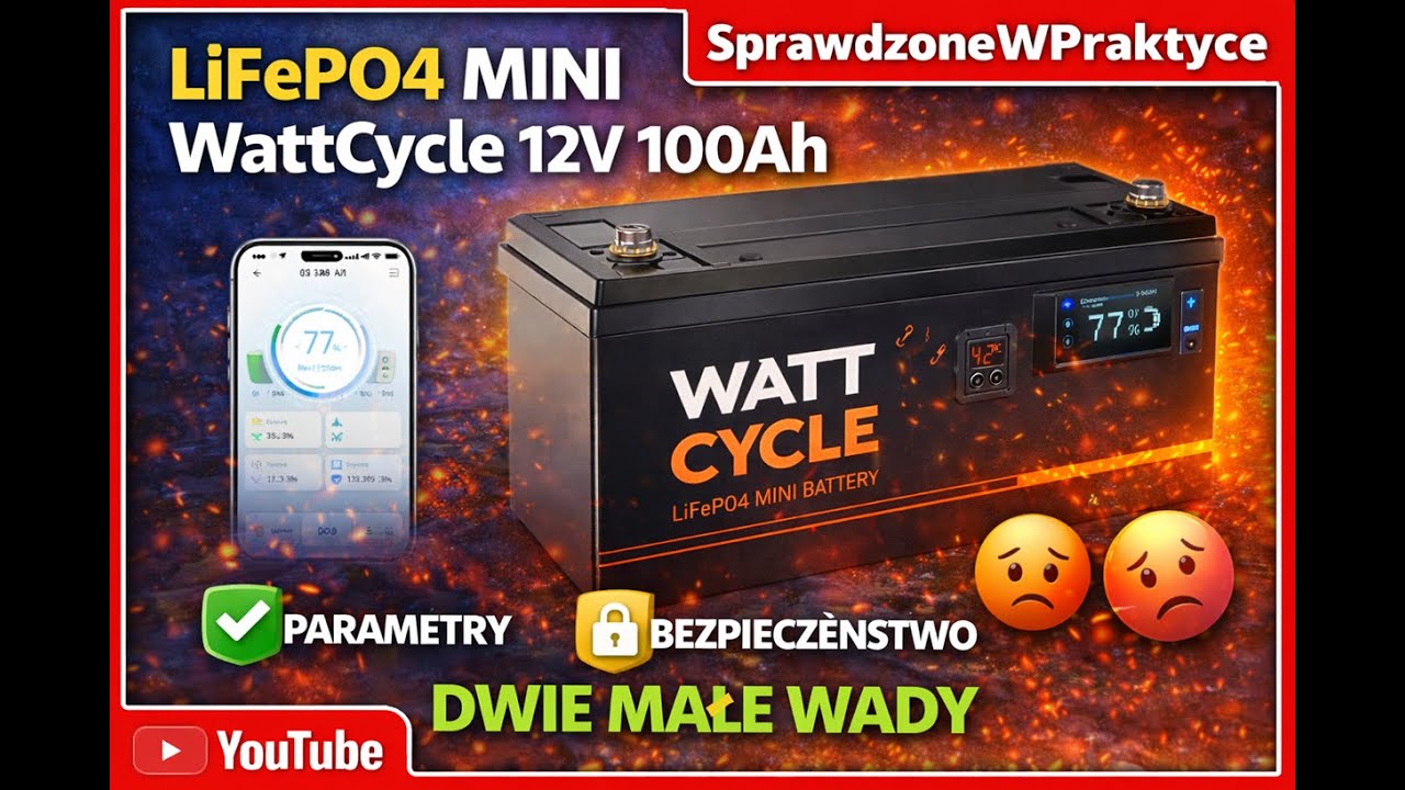 LiFePo4 MINI WattCycle 12V 100Ah, realne parametry, bezpieczeństwo, pełna kontrola, dwie małe wady.