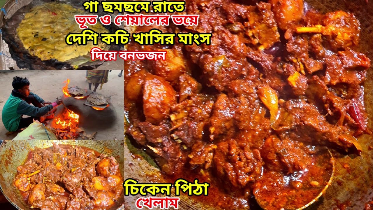 গা ছমছেম রাতে ভূত ও শেয়ালের ভয়ে দেশি কচি খাসির মাংস দিয়ে বনভোজন সঙ্গে আদিবাসীদের বিখ্যাত চিকেন পিঠা