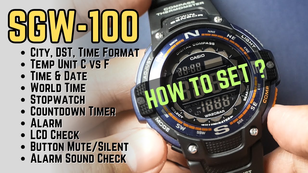 Учебное пособие для Casio SGW-100: как установить время, дату, будильник, таймер, ЖК-дисплей, буд...