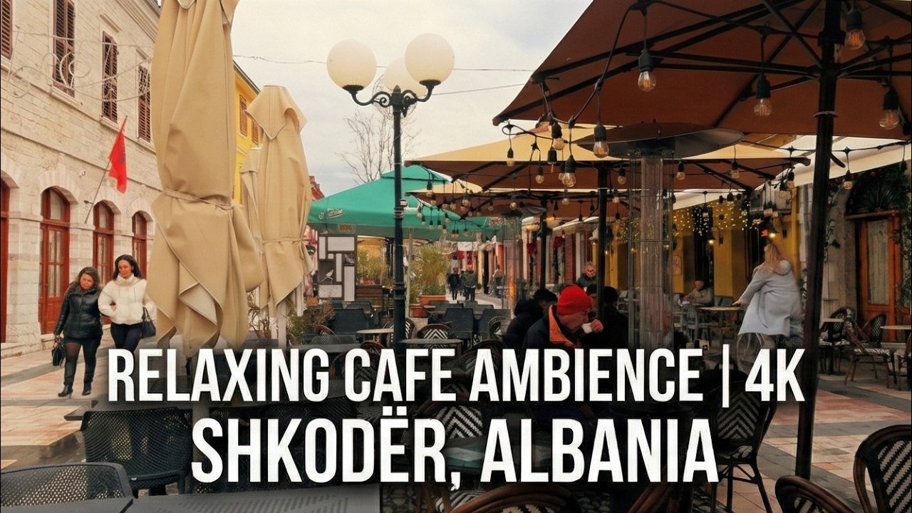 Relaxing 1 Hour Cafe Ambience in Shkodër, Albania 🇦🇱 | 4K Static Cam & Soft Country Rock