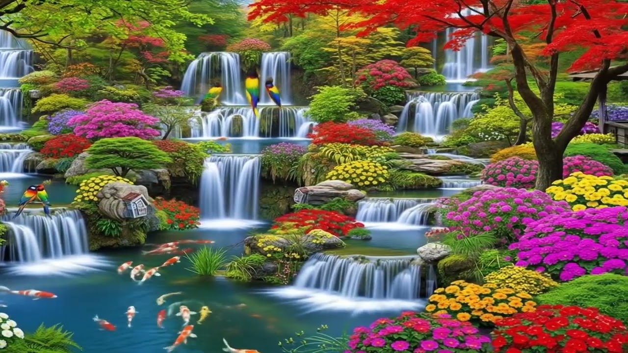 Relaxing piano music and nature sounds, waterfalls and beautiful birds.