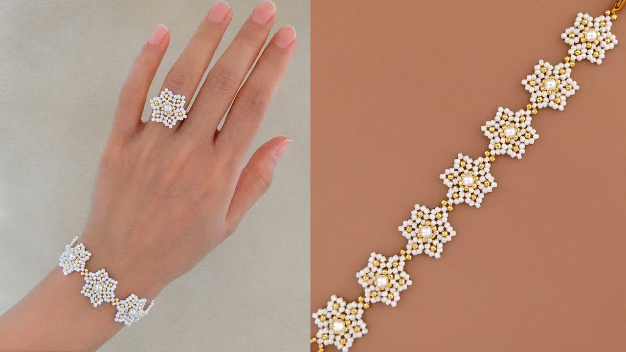 DIY Beaded Flower Bracelet & Beaded Flower Ring. How to Make Beaded Jewelry Set. Beading Tutorial