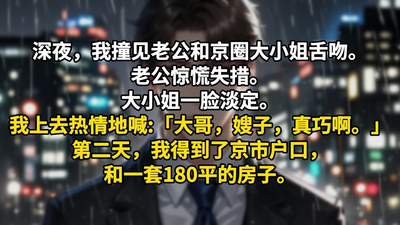 深夜，我撞见老公和京圈大小姐舌吻。老公惊慌失措。大小姐一脸淡定。我上去热情地喊:「大哥，嫂子，真巧啊。」第二天，我得到了京市户口，和一套180平的房子。