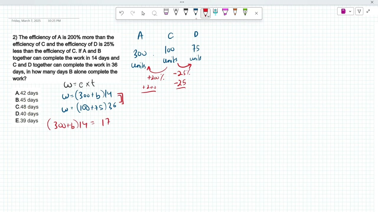 The efficiency of A is 200% more than the efficiency of C and the efficiency of D is 25% less