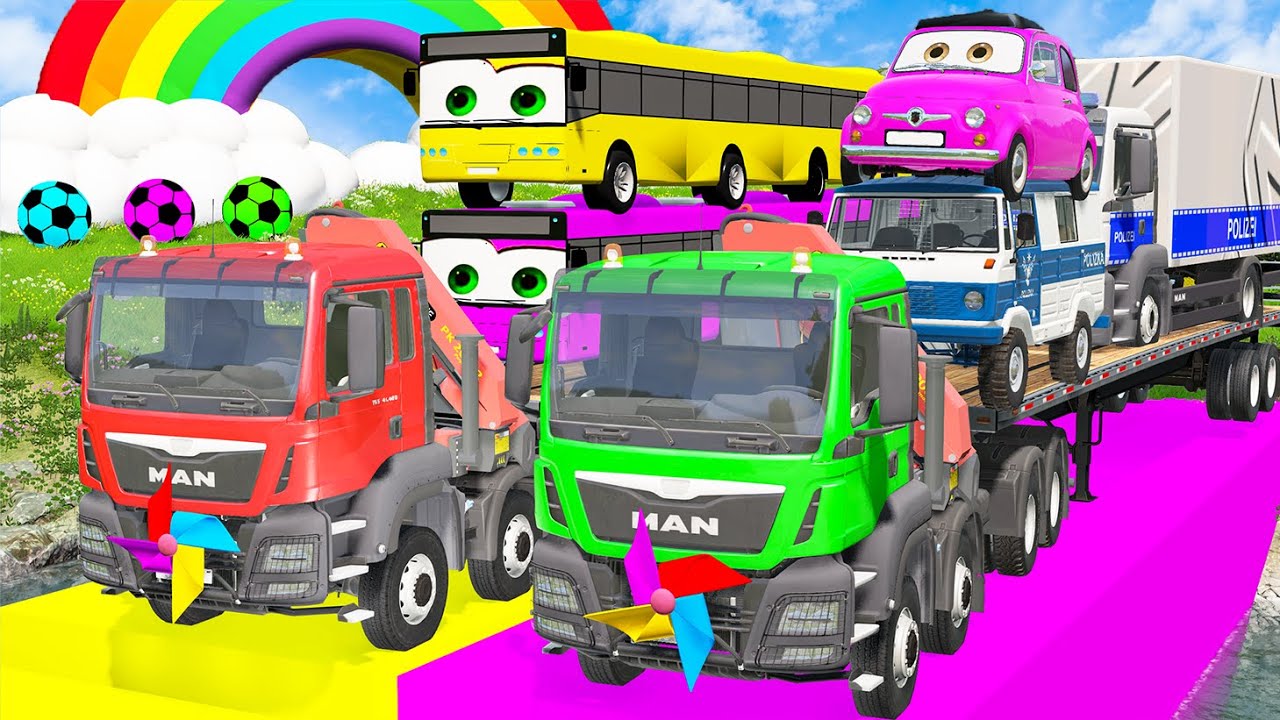 Beamng Drive - Double Flatbed Truck McQueen | Truck Transport Adventure - Monster Trucks vs Police