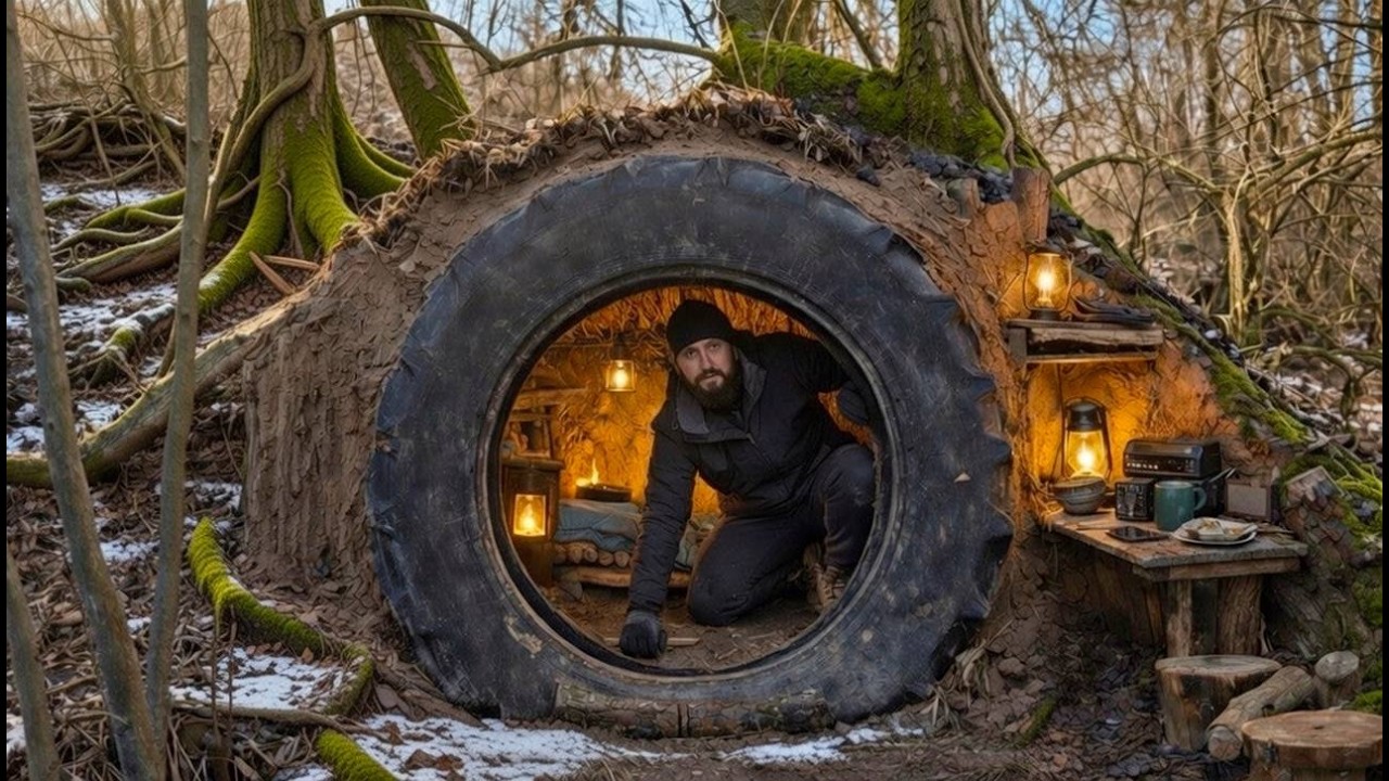 Building a Hidden Bushcraft Shelter Inside a Tractor Tire | Extreme Survival