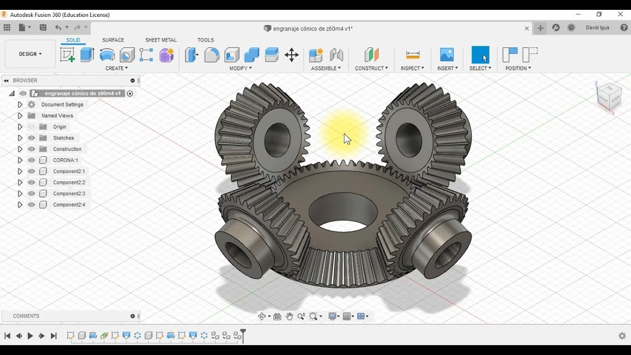 tutorial fusion 360 en español #10 engranajes cónicos de ángulo agudo