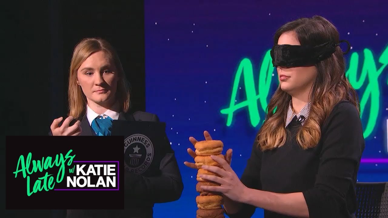Katie Nolan stacks doughnuts blindfolded for Guinness World Record | Always Late with Katie Nolan