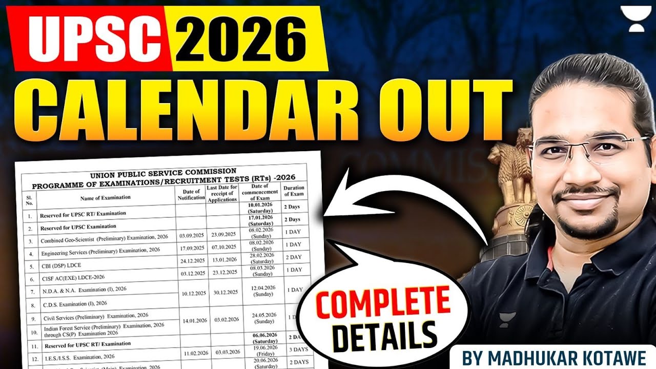 UPSC 2026 Official Calendar Released | UPSC Prelims & Mains 2026 Exam Date | Madhukar Kotawe