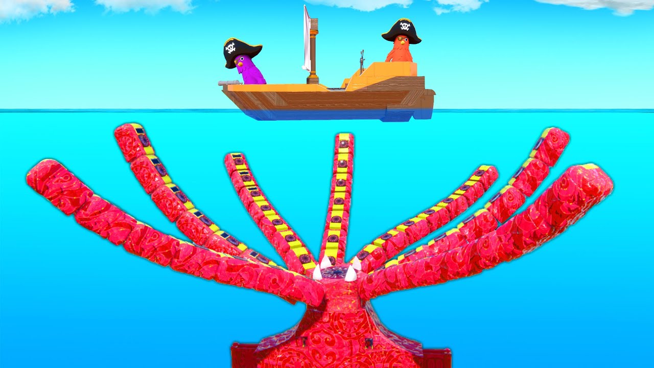 4 Players Battle GIANT Kraken in Pirate Ships - Trailmakers