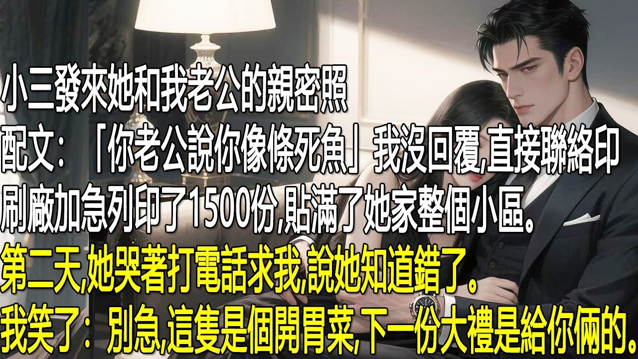 小三發來她和我老公的親密照，配文：你老公說你像條死魚我沒回覆。直接聯絡印刷廠，加急列印了1500份，貼滿了她家整個小區。第二天，她哭著求我說知道錯了。我笑了：別急這隻是個開胃菜，下一份大禮是給你倆的。
