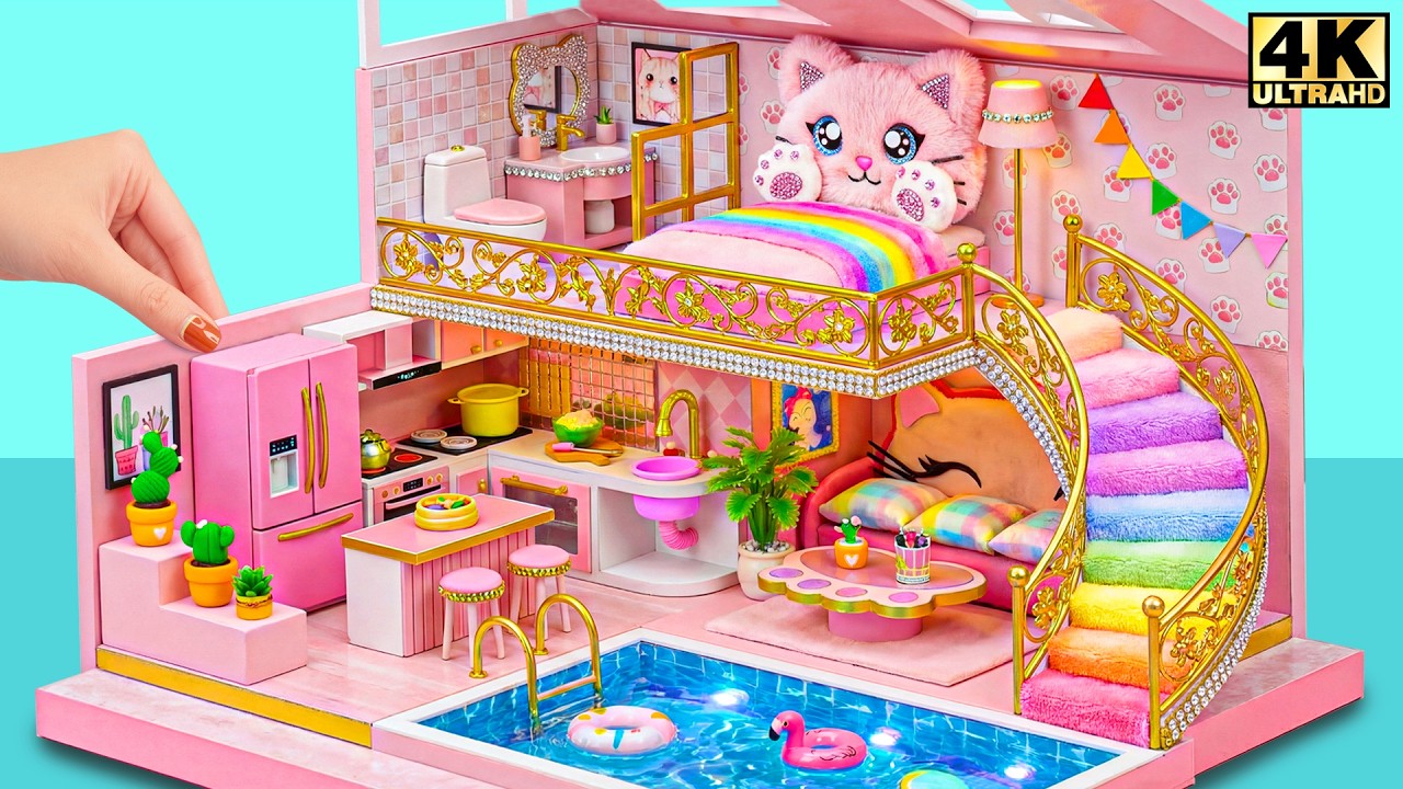 Make Pink Kitty Cloud Loft House with Kitten Cat Bedroom and Rainbow Stairs ❤️ | DIY Miniature House