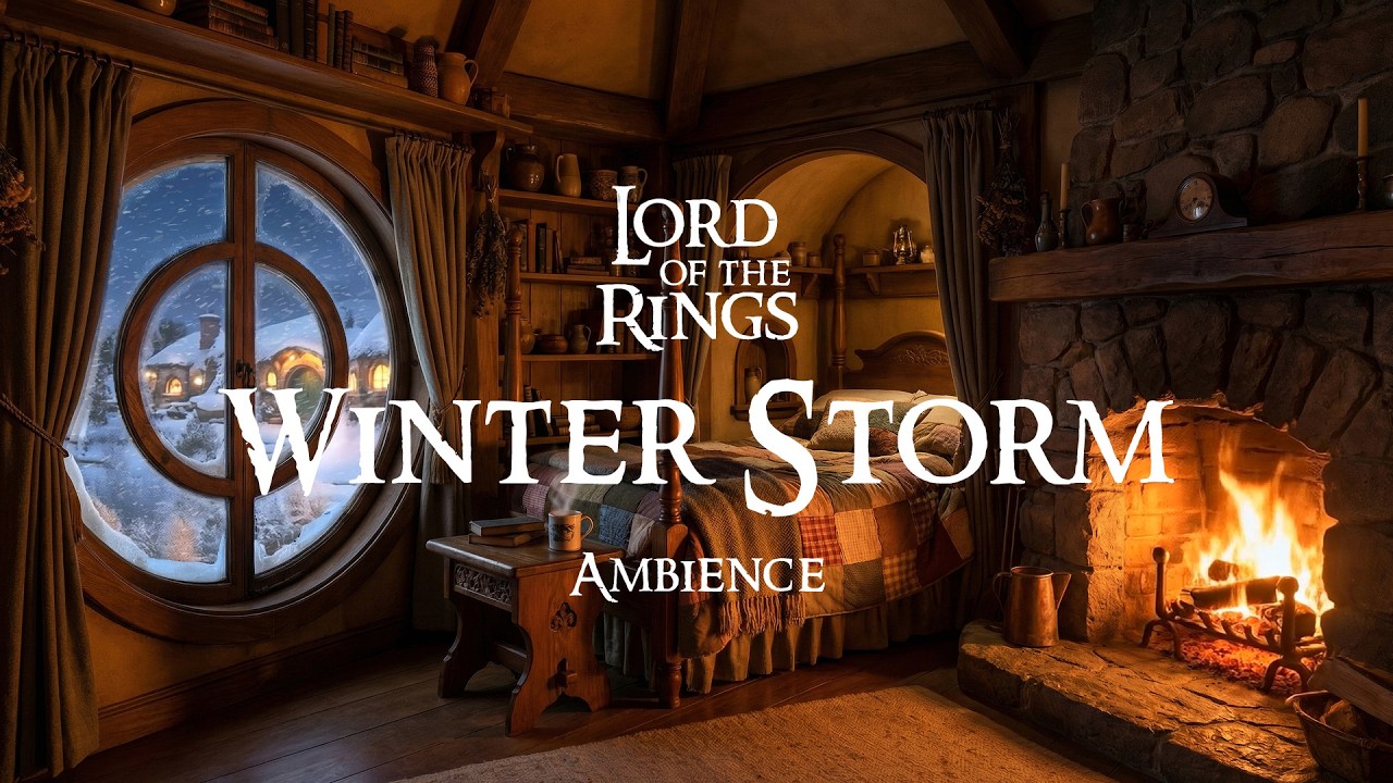 A Hobbit's Winter Night ❄ Fireplace & Blizzard Ambience | Lord of the Rings Ambience | The Shire