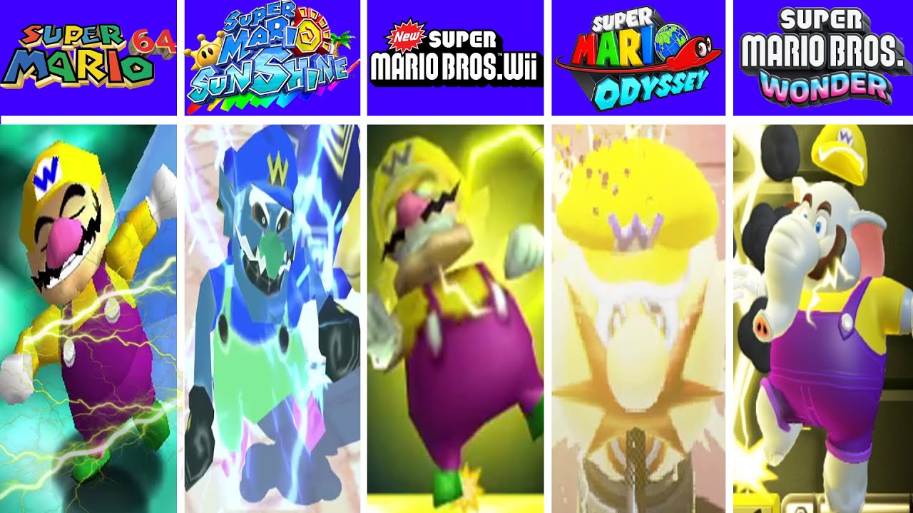 Evolution of Wario electric shock Dying and Game Over Screens in Super Mario Games (1996-2025)