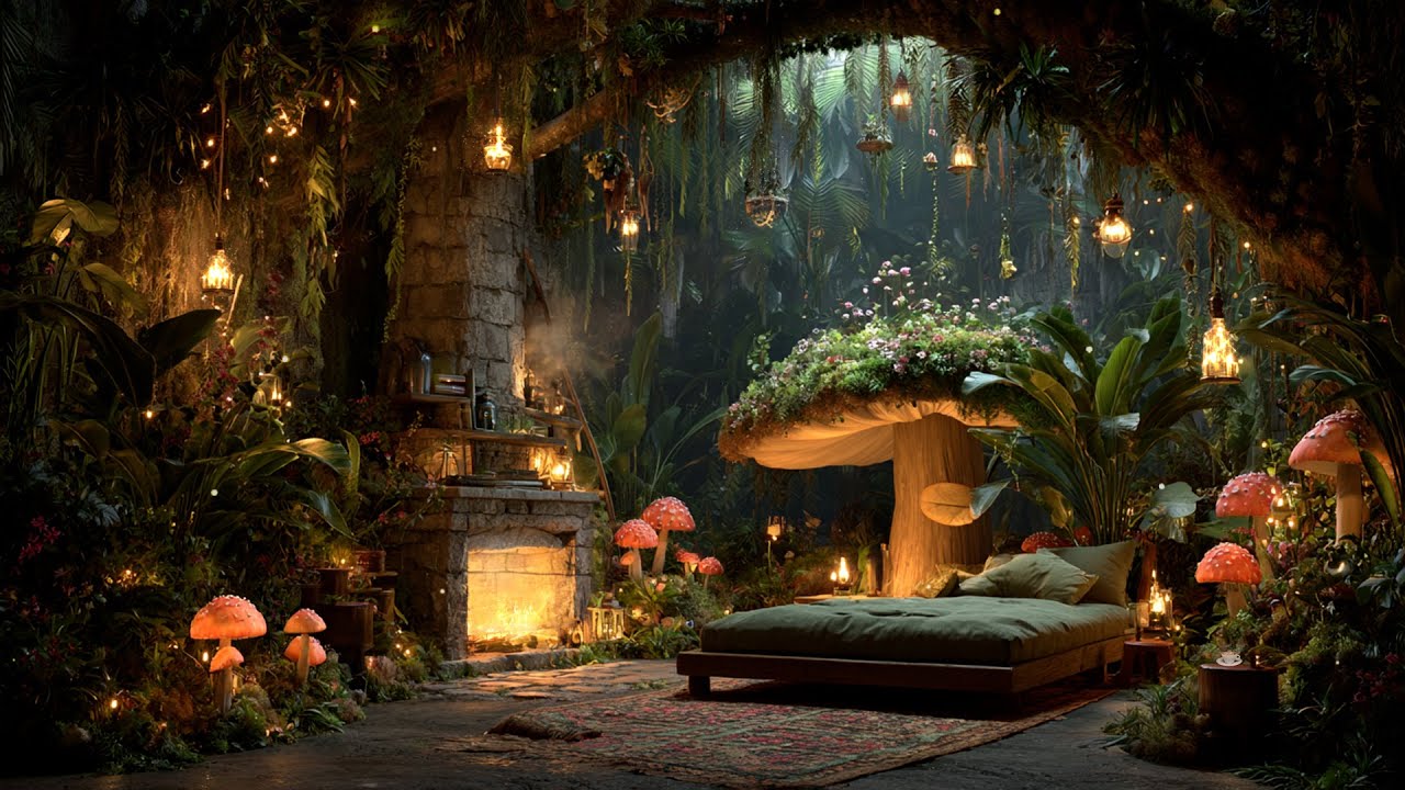 Cozy Sleeping Nook Under a Giant Mushroom 🍄 Whimsical Fairycore Ambience & Fire Music