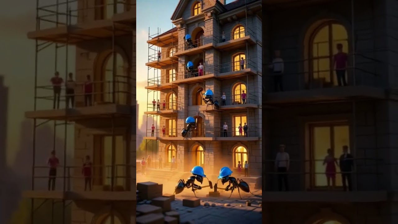 Tiny Ants in Blue Helmets Building a Modern Anthill Apartment Complex