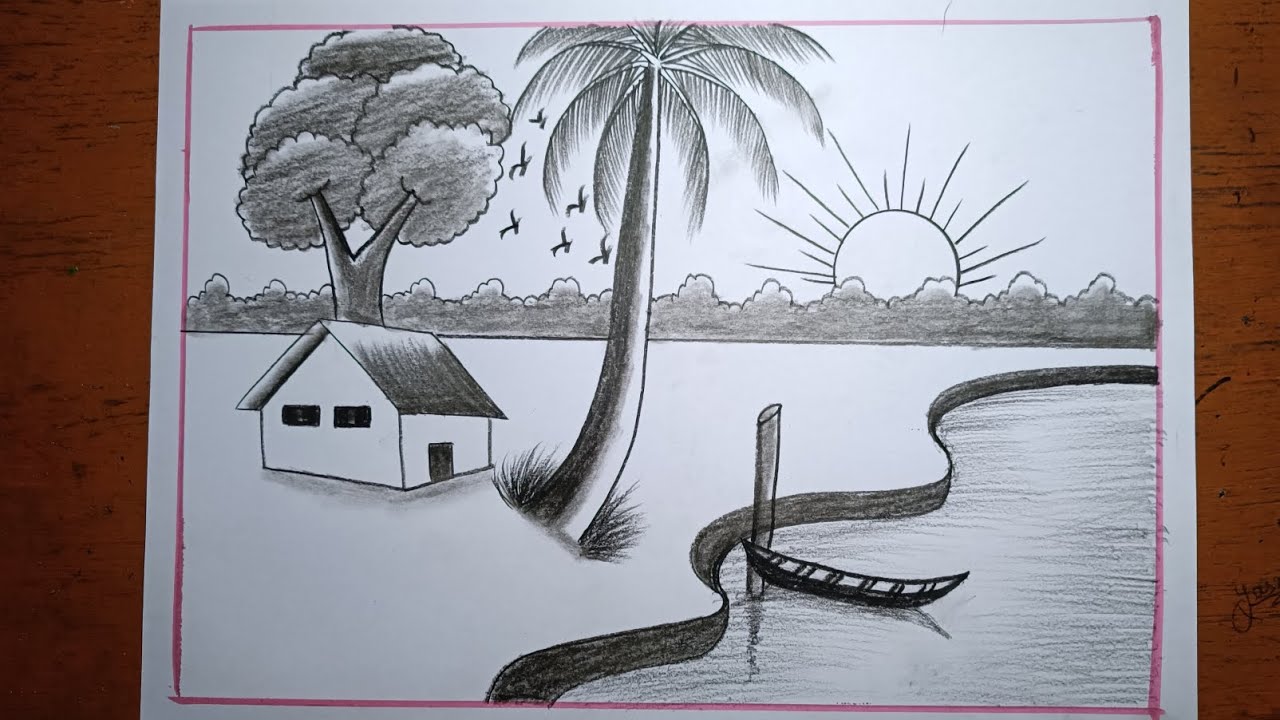 How to Draw a Beautiful Village Scenery Step by Step | Riverside Landscape Village House Drawing