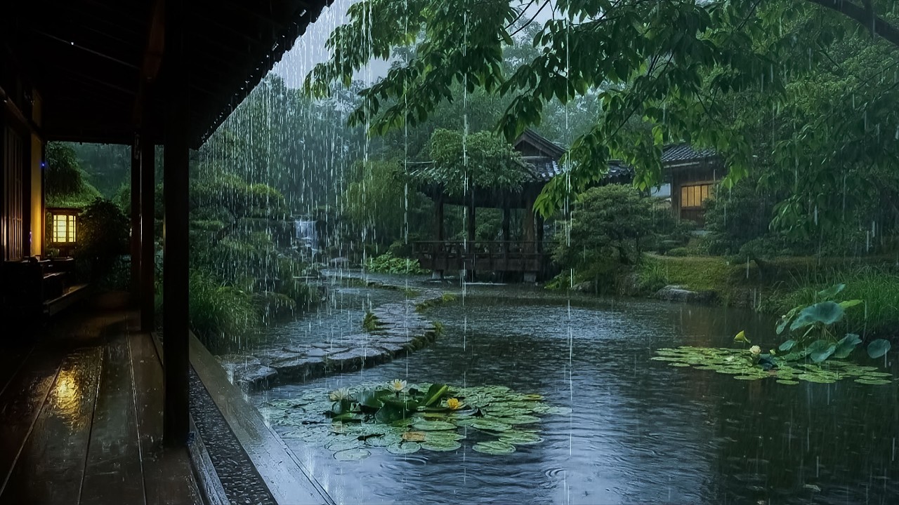 🌧️ Forest Rainstorm on Cabin Porch | Soft Rain on Garden Pond with Thunder | Deep Sleep Rain ASMR