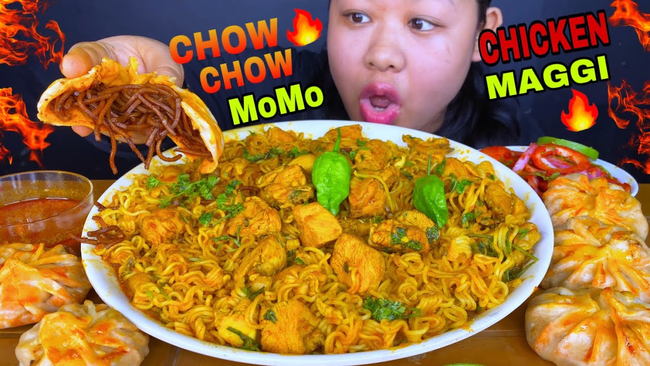 COOKING & EATING SPICY CHICKEN CURRY MAGGI, STREET STYLE CHOWMEIN MOMO & LACHA PIYAJ MUKBANG | ASMR