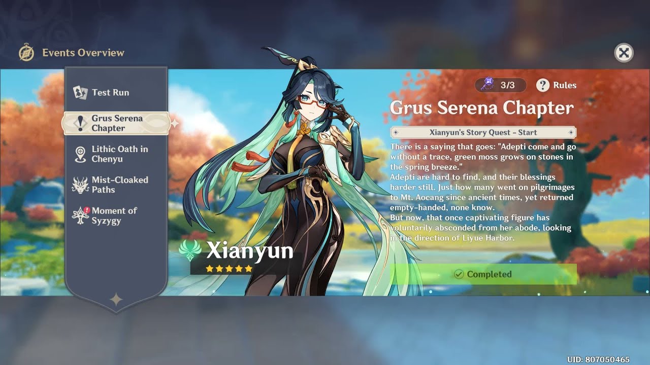 Genshin Impact - Grus Serena Chapter: Act I - A Thousand Moonlit Miles - Xianyun's Story Quest