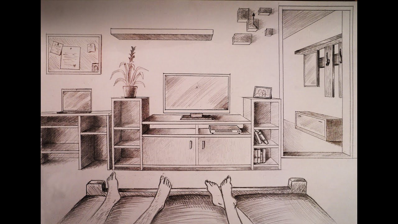 How to draw - one point perspective bedroom with furniture